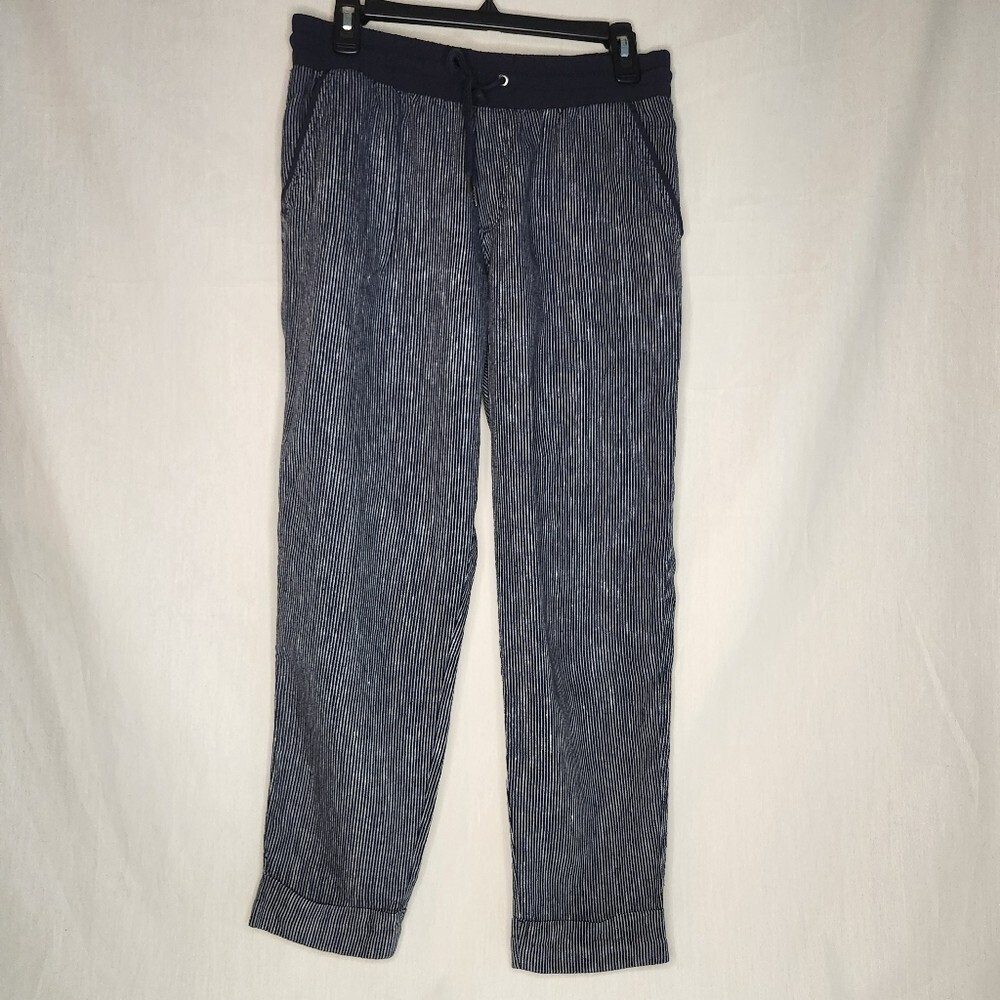 Athleta Linen Womens 10 Navy Pin Striped Ankle Pants W/Drawstring&Elastic